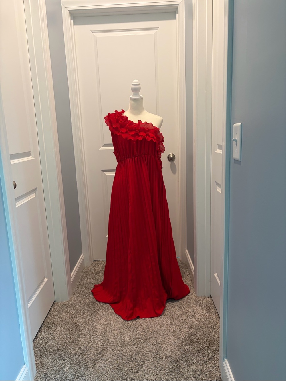 Ladies One-Shoulder Red Ruffle Maxi Dress